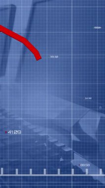 Ofisteki masaüstü ve klavye numaralarıyla kırmızı grafiğin animasyonu azalıyor. Dijital bileşik, çoklu pozlama, rapor, finans, ticaret, kayıp ve teknoloji.