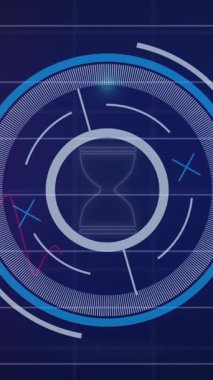 Kum saati ve şebeke üzerinde veri işleme ile tarama alanının animasyonu. Küresel iş, finans, hesaplama ve veri işleme kavramı dijital olarak oluşturulmuş video.