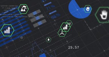 Karanlık ızgara arayüzü canlandırma çubukları açılıyor, simgeler soluyor ve grafikler yükseliyor, veriler görselleştiriliyor. Teknoloji, analitik, finans, veri, yenilik, gösterge paneli, görselleştirme