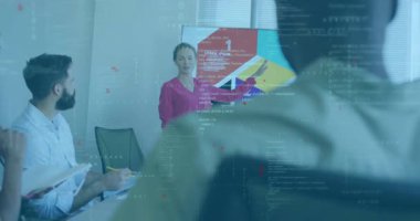 Meslektaşım noktalara dikkat çekerken, sunucunun sunuculuğunda iş tartışmasına işaret etmek. Şirket, takım çalışması, sunum, işbirliği, profesyonel, analitik, modern