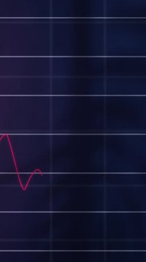 Animation of statistical data processing over grid network against purple background. Business data technology concept