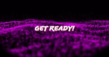 Beyaz-pembe animasyon metni hazır ol! Ufukta beliren mesaj, mor parçacıklar dalgalanıyor. Fütürist, dinamik, dijital, soyut, canlı, enerjik, hareketli