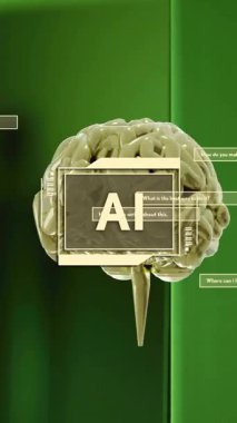 Bilgisayar sunucularında ai metin, beyin ve veri işleme animasyonları. Dijital olarak oluşturulmuş küresel yapay zeka, bağlantılar, hesaplama ve veri işleme kavramı.