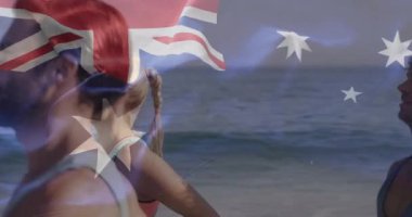 Bayrak kaplamalı koşu ikilisinin yer aldığı fitness kampanyası, sağlık için katılan üçüncü kişi. Atletizm, takım çalışması, motivasyon, açık hava, enerji, uyum, esneklik