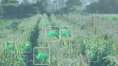 Sahne açılışıyla birlikte, yeşil simgeler soluyor. Kümelenen, sürüklenen, büyüyen ikonlar. Sürdürülebilirlik, eko, teknoloji, tarım, yenilik, çevre, veri