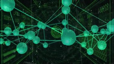 Veri koridoruna giriliyor, yeşil küreler ortaya çıkıyor yayın kodlarına karşı görsel ağı döndürüyor. Teknoloji, siber güvenlik, dijital, yenilik, fütüristik, soyut, bağlantı