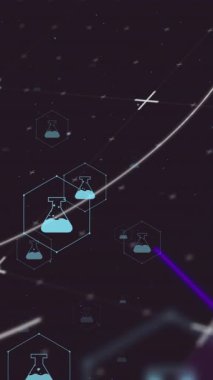 Tıbbi simgeler ve veri işleme ağının animasyonu. Küresel bilim, tıp, araştırma, hesaplama ve veri işleme kavramı dijital olarak oluşturulmuş video.