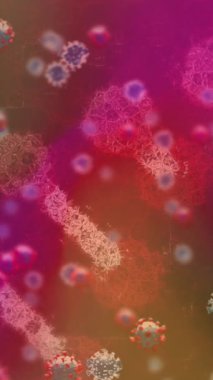 Renkli arka planda virüs hücrelerinin ve DNA iplikçiklerinin canlandırılması. Dijital olarak üretilen küresel salgın, tıp ve bilim konsepti.