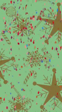 Yeşil arka planda ilerleyen yılbaşı desenlerinin üzerine konfetilerin düşüşü. Noel, şenlik, kutlama ve gelenek konsepti dijital olarak oluşturuldu.