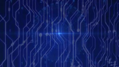 Devre ağı parıldıyor ve sayısal etiketler parlarken merkezi parıltı titreşimleri veri akışını gösteriyor. Teknoloji, yenilik, dijital, bağlantı, fütüristik, ağ, veri