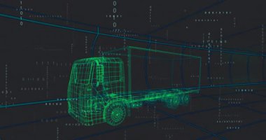 Neon-yeşil kablo kamyonu görünmeye başlıyor, şebeke kayması ve görsel veri aktarımı. Fütürist, dijital, teknoloji, veri görselleştirme, siber, soyut, dalgın