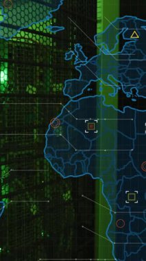Animation of financial data processing over world map and computer servers. Global business, finances, computing and data processing concept digitally generated video.