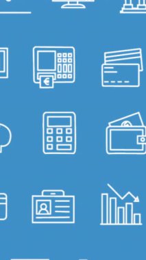 Kopya alanı ile mavi arkaplan üzerinde hareket eden çoklu dijital simgelerle arayüzün canlandırılması. Bilgisayar arayüzü ve iş teknolojisi kavramı