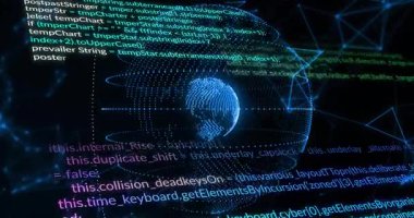 Yeşil kod 3 boyutlu dönen dünya üzerinde görünür. Eflatun rengi ise canlı verileri görüntülemeyi sağlar. Siber uzay, teknoloji, dijital, yenilik, ağ, soyut, sanal