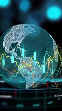 Finansal veri işleme animasyonu siyah arka planda dünya çapında. Küresel finans, iş, bağlantılar, hesaplama ve veri işleme kavramı dijital olarak oluşturulmuş video.