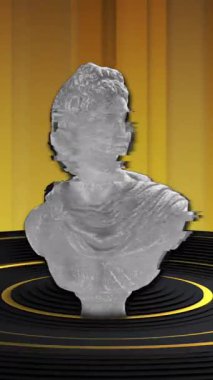 Klasik kadın heykelinin altın kaplama siyah ve altın yüzüklerle bükülmesinin animasyonu. Sanat, tasarım, tarih ve gelecek konsepti dijital olarak oluşturulmuş video.