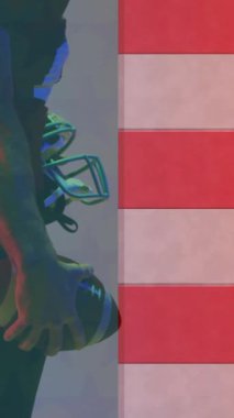 Kafkas Amerikan futbolcusu ve Amerikan bayrağının animasyonu. Amerikan vatanseverliği, spor ve rekabet konsepti dijital olarak oluşturulmuş video.