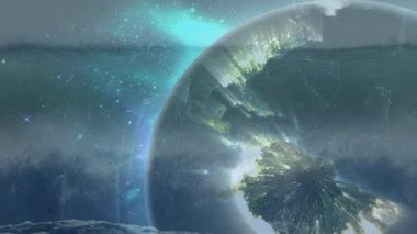 Mavi parçacıklar, parlayan kıtaların enerjisini görselleştirerek dönen temiz bir küre etrafında dönüyorlar. Fütürist, soyut, teknoloji, yenilik, dijital, uzay, bilim