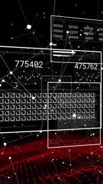 Siyah arkaplandaki bağlantılar üzerinden dijital veri işleme animasyonu. Dijital olarak oluşturulmuş küresel bağlantılar, hesaplama ve veri işleme kavramı.