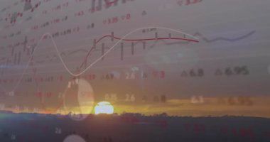 Turuncu ufuk çizgisi finansal kaplamaların zayıfladığını, çubukların büyüdüğünü ve sinüs dalgalarının dalgalanmaları canlandırdığını gösteriyor. Soyut, veri görselleştirme, dijital, animasyon, analitik, finansal, teknoloji