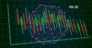 Negatif değer etkin ağ dönüşleri ve çubukların salınımı piyasa yükselişini gösteriyor. Veri görselleştirme, analitik, dijital arayüz, ağ topolojisi, finansal ticaret, moodboard, fütüristik tasarım