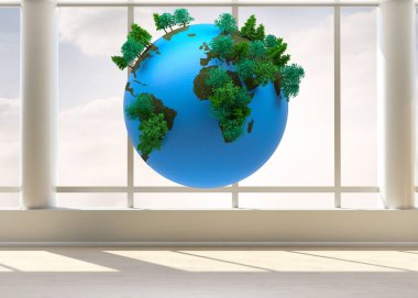 Yeşil ağaç kümeleri ile birlikte süzülen 3D mavi küre ahşap zemin ile şebeke pencere odasında süzülüyor. Çevre, sürdürülebilirlik, ekoloji, yenilik, modern, minimalist, teknoloji