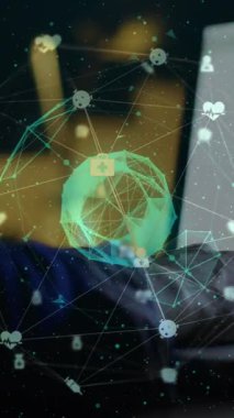 Animation of globe of digital icons spinning against mid section of a person using laptop. Global networking and business technology concept