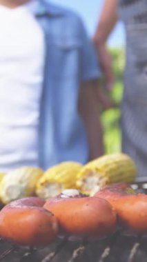 Amerikan bayrağının animasyonu, renkli dekorasyonlar, aile barbeküsünün üzerinde yüzen. Vatanseverlik, bağımsızlık ve kutlama konsepti dijital olarak oluşturulmuş video.