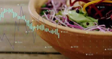 Soldan şeffaf grafikler zayıflıyor, besin içgörüsü için kamera dolanıyor ve salata salatası salatası sallanıyor. Veri görselleştirme, sağlık, analitik, diyet, teknoloji, tazelik, modern