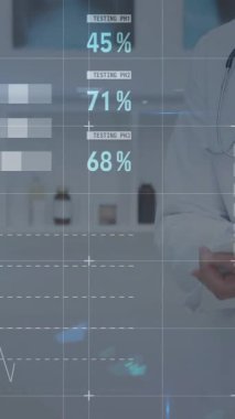 Kafkasyalı doktor üzerinden finansal veri işleme animasyonu. Küresel tıp, teknoloji, veri işleme ve dijital arayüz kavramı dijital olarak oluşturulmuş video.