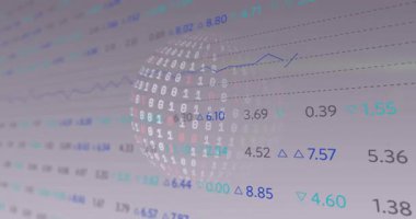 İkili küre merkeze sürükleniyor, kod kümelerini döndürüyor, çizelgeyi sallayarak veriyi görselleştiriyor. Gelecek, teknoloji, veri, dijital, yenilik, soyut, analitik