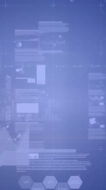 Animation of data processing and light spots over blue background. Global business and digital interface concept digitally generated video.