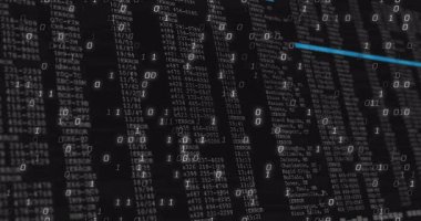 Siyah ekran çift haneli rakamlar yayıyor, kod sütunlarını açıyor ve mavi çubukları tarıyor verileri görselleştiriyor. Siber güvenlik, dijital, geleceksel, teknoloji, veri, matris, soyut