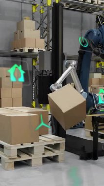 Depoda veri işleme ve ekoloji simgelerinin canlandırılması. Küresel dağıtım ve dijital arayüz kavramı dijital olarak oluşturulmuş video.