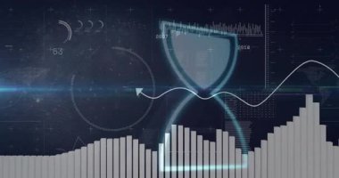 Neon kum saatinin başlangıç rotasyonunu ve gösterge tablosunun veri eğilimlerini canlandırdığını gösteren açılış sahnesi. Futuristik, teknoloji, animasyon, veri, görselleştirme, dijital, analitik