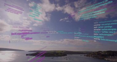 Havalimanı görünümü başlatılıyor. Dijital kaplama için içeri doğru ilerleyen eflatun-deniz mavisi kod panellerini gösteriyor. Teknoloji, yenilik, dijital, bağlantı, dingin, soyut, manzara