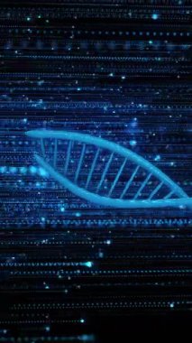 Işık yollarının üzerindeki DNA ipliklerinin ve siyah arkaplandaki lekelerin animasyonu. Küresel bilim, bilgisayar ve dijital arayüz kavramı dijital olarak oluşturulmuş video.