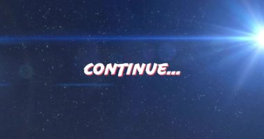 yakınlaştırma kırmızı kenarlı CONTINUE metin tutuyor yıldızlarda devamlılığı davet, lens parlaması, patlama. Fütürist, kozmik, aydınlık, dinamik, navigasyon, bilim kurgu, uzay sanatı