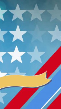 Özgürlük Heykeli ve pankartın animasyonu, Amerikan bayrağından alınmış yıldızlar ve çizgili desenler. Vatanseverlik, bağımsızlık ve kutlama konsepti dijital olarak oluşturulmuş video.