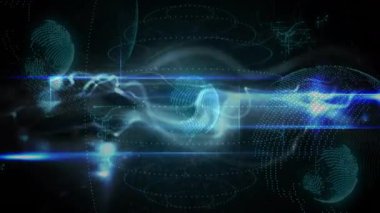 Dalgalanan kablo küresi yükselen kürelerle titreşen sis ışınla kırılan halkalar ortaya çıkıyor. Teknoloji, soyut, dijital, gelecekçilik, yenilik, animasyon, siber