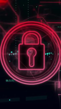 Siyah arkaplanda asma kilit simgesi ve kırmızı ışık izleri üzerinde veri işleme animasyonu. Siber güvenlik ve iş teknolojisi kavramı
