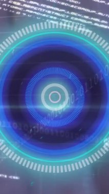 Animation of illuminated circles over trading board, binary codes, graphs and computer language. Digitally generated, hologram, coding, report, business, stock market and technology concept.