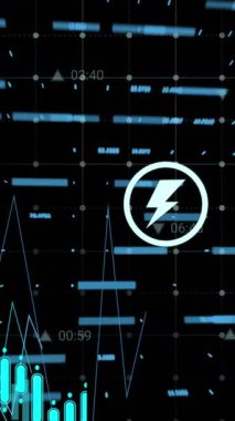 Finansal veri işleme ve dijital simgelerin şebeke ağı üzerinden siyah arkaplana göre canlandırılması. Küresel finans ve iş veri teknolojisi kavramı