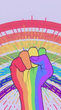 Gökkuşağı renkli, ışık saçan çizgileri ve yayları olan bir yumruk, gurur verici bir kutlama animasyonu. LGBTQ, çeşitlilik, eşitlik, dayanışma, birlik, insan hakları