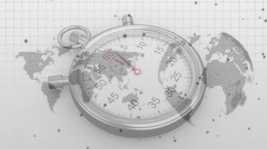 Stopwatch ikinci el 50 'lerde dinleniyor sonra da harita 3 boyutlu küreye dönüşürken süpürülüyor. Zamanlama, ilerleme, dijital, veri görselleştirme, dönüşüm, küresel, yenilik