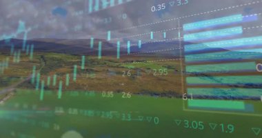 Bulutların altındaki tarım arazileri şamdan bar grafikleri başlatıyorlar solgunluk göstergeleri azalıyor eğilimleri göstererek çıkıyorlar. Pazar analizi, veri görselleştirmesi, mali tahmin, dijital grafikler, kırsal manzara, mali göstergeler, eğilim izleme