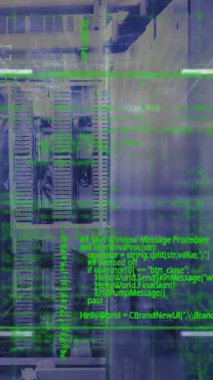 Bilgisayar sunucu odasında veri işleme ve tarama animasyonu. Bilgisayar arayüzü ve iş veri depolama teknolojisi kavramı