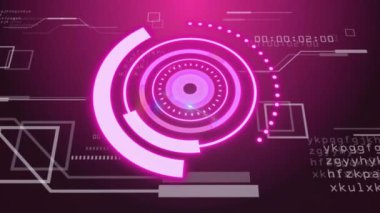 Koyu morumsu HUD açılışı dönen işaretçi, genişleyen kavisler, parlamaları süpürme ve verileri izleme. Gelecek, teknoloji, arayüz, dijital, neon, parlak, yenilik