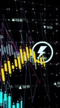 Siyah arkaplana karşı simgeler üzerinde değişen sayılarla birden fazla grafiğin animasyonu. Dijital olarak üretilen hologram, illüstrasyon, rapor, iş dünyası, fikirler, tıbbi ve teknoloji kavramı.