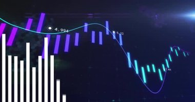 Başlangıçta şamdan çubukları beyaz histogram ile yükselirken piyasa eğilimini gösteriyor. Analizler, finansal, modern, bilgi, dijital, teknoloji, iş